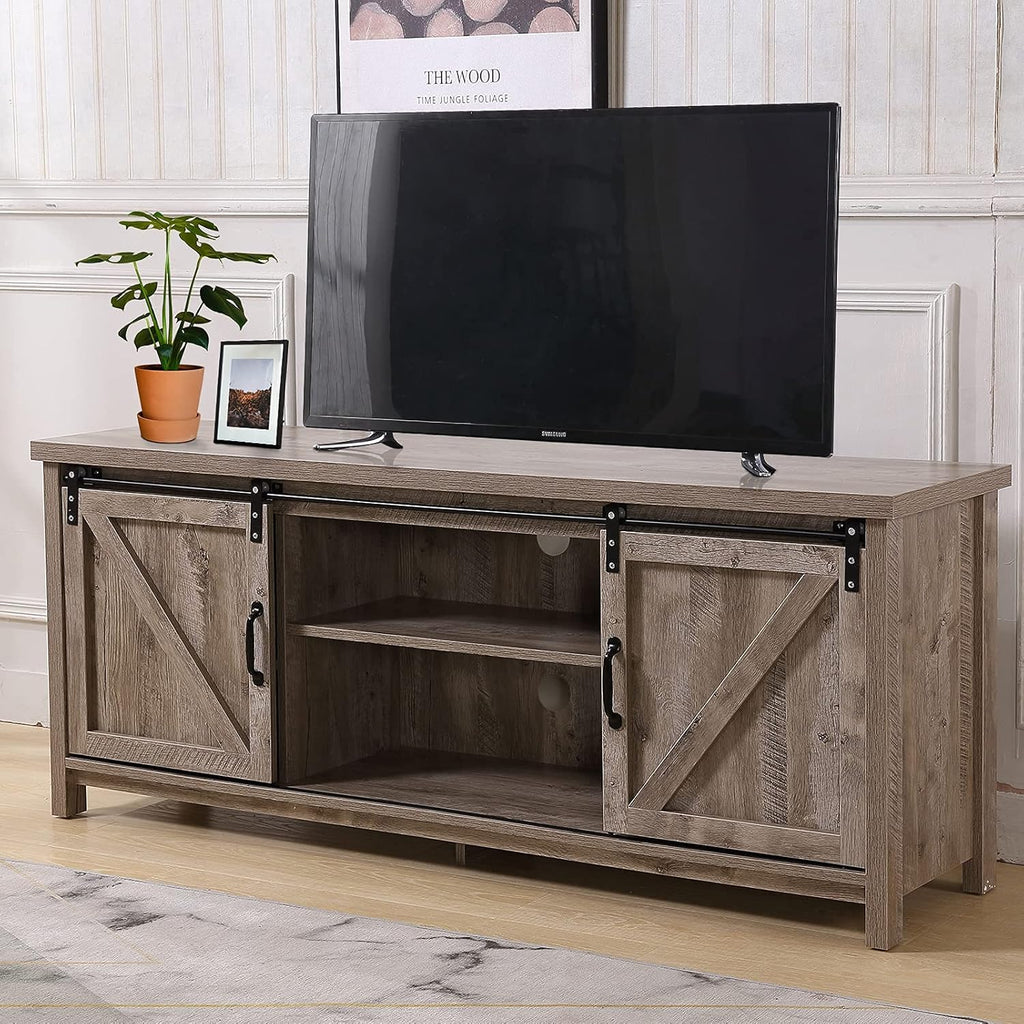 Farmhouse TV Stand with Double Sliding Barn Door Storage Cabinet P104