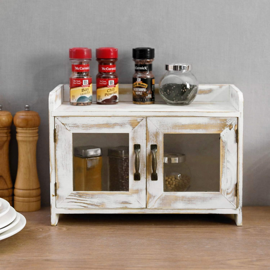 Rustic Whitewashed Wood Countertop Storage Cabinet with Glass Windows V42904