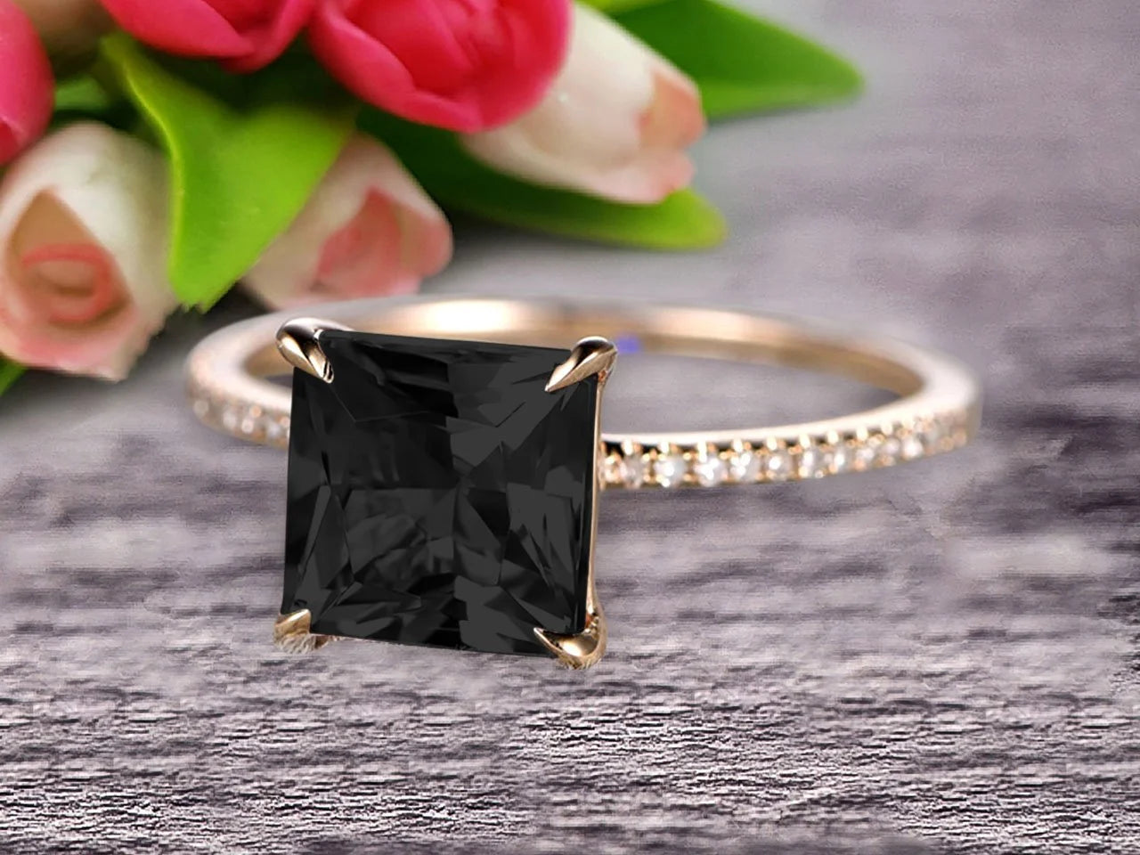 1.75 Carat Princess Cut Black Diamond Moissanite Engagement Ring 10k Yellow Gold W630191