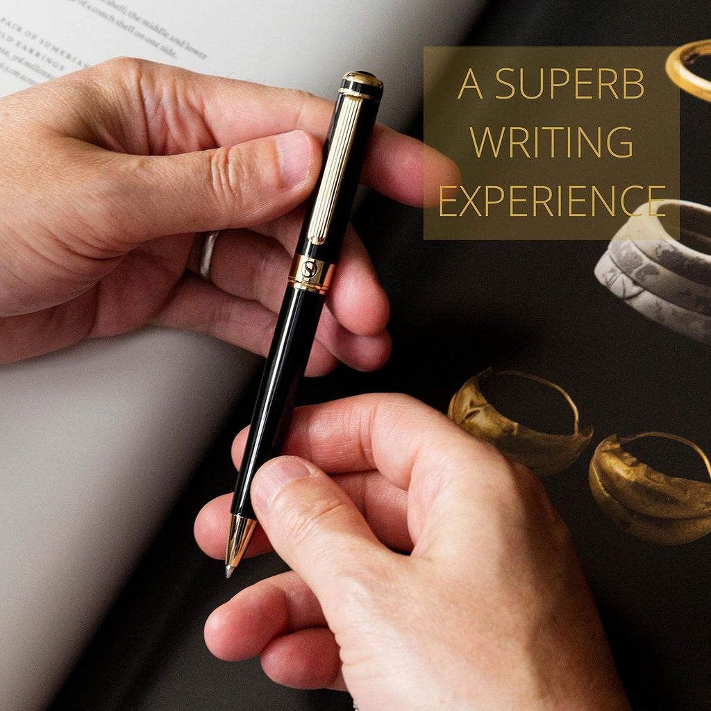 Black Lacquer & 24K Gold Pen, 8x6 Inch Handmade Genuine Leather Journal, Cotton Paper, Pack of 2 L512280