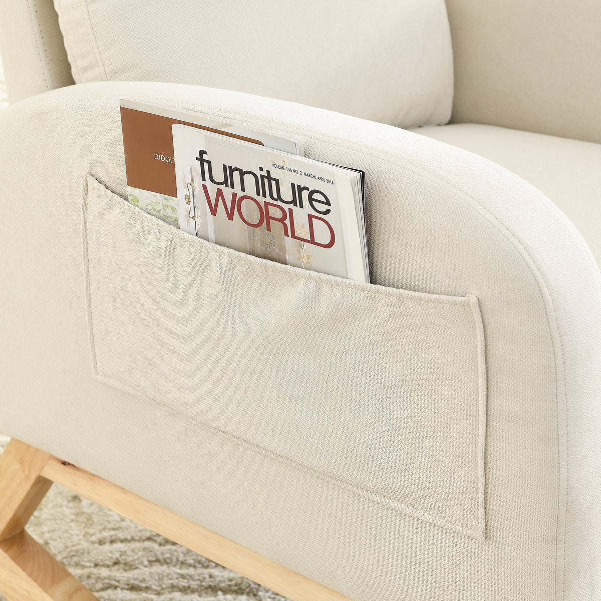 White Fabric Upholstered Rocking Chair with Solid Wood Base and 2 Side Pockets Z43711