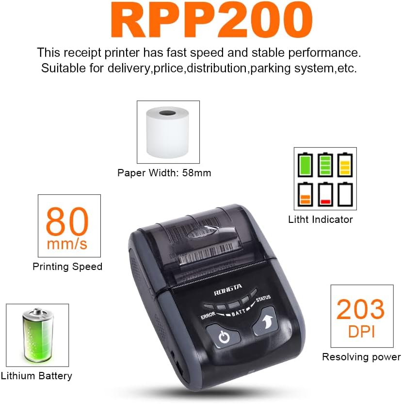 Portable Receipt Printer 58mm Direct Thermal Printer with Bluetooth USB, Grey, Pack of 2 O93310