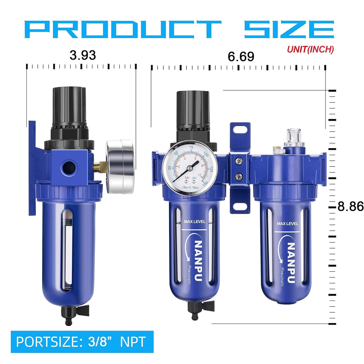 1/2 NPT Compressed Air Filter Regulator Lubricator, Zinc Alloy, 5 Micron Brass Element, 0-150 psi Gauge Q91971