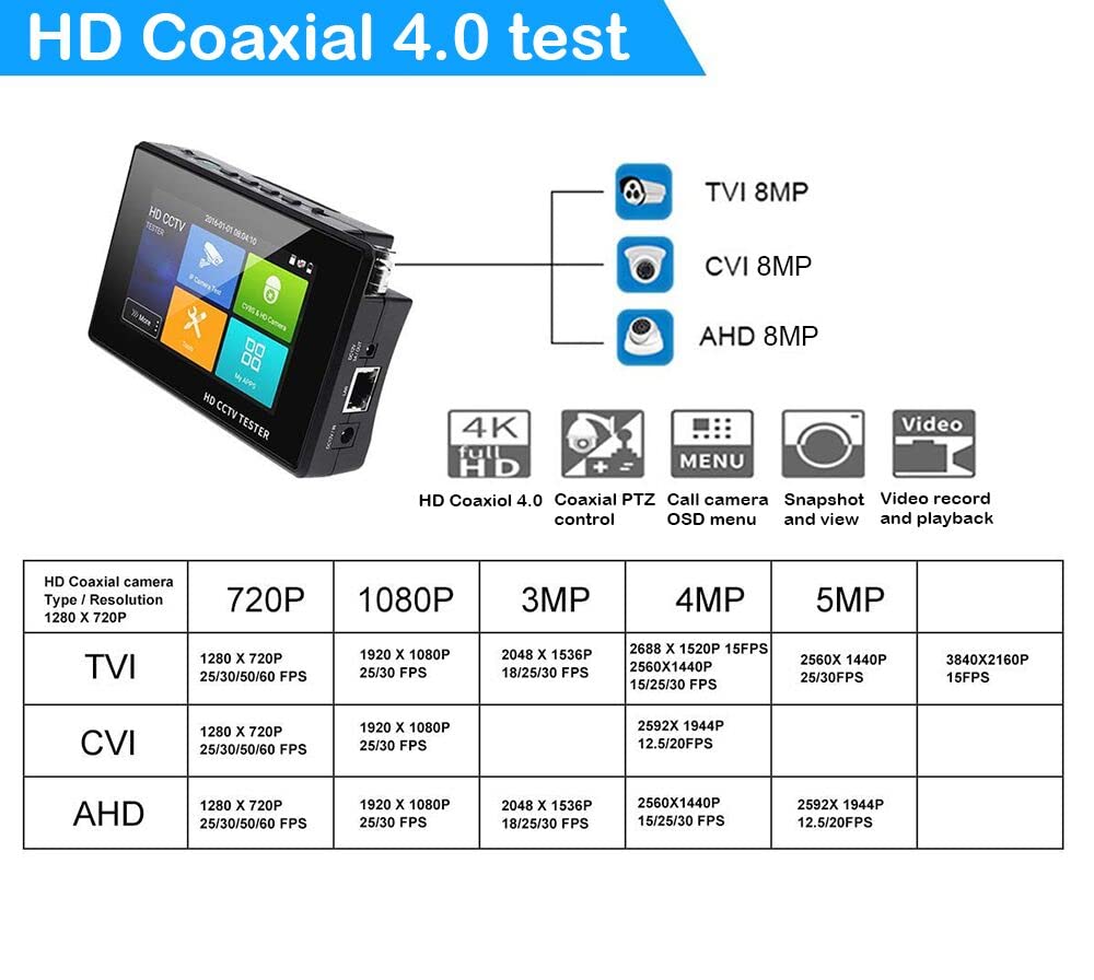 5-in-1 CCTV Tester with 8MP Camera Tester WiFi PTZ POE 48V Out J850