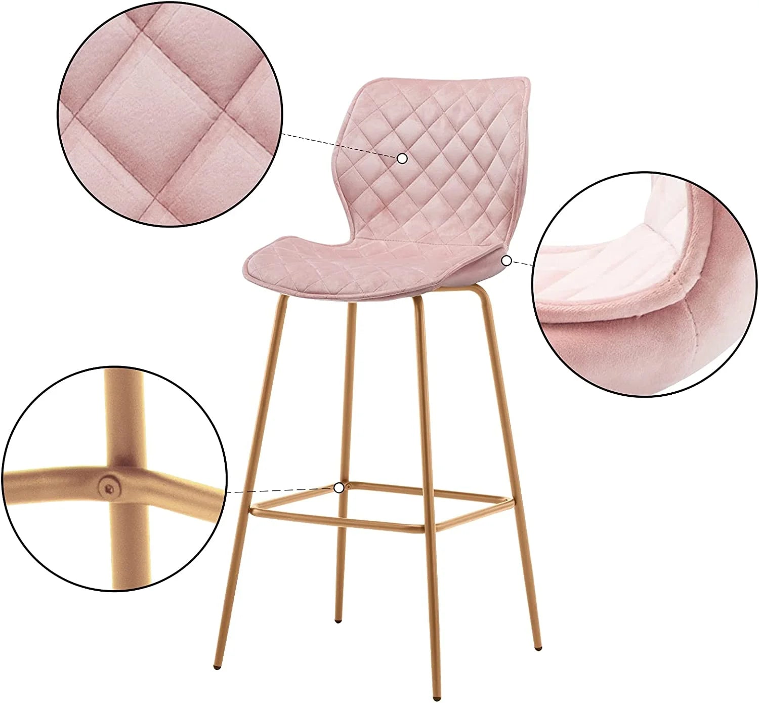 Velvet Bar Stool with Back Set of 2, Gold Metal Legs, Salmon Pink E8104