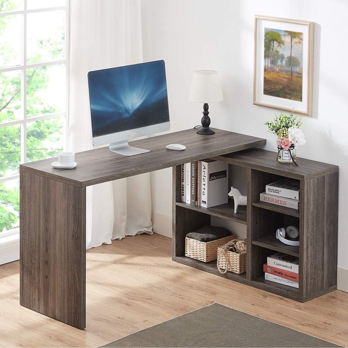 Grey L Shaped Computer Desk with Cabinet Drawer Storage J87597