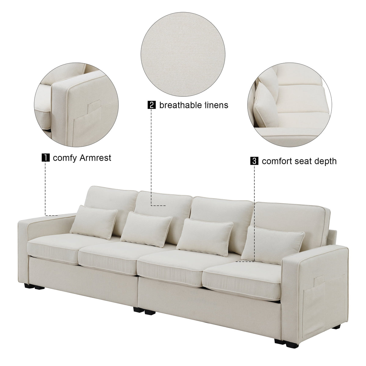 104" 4-Seater Linen Fabric Sofa with Armrest Pockets and 4 Pillows D617138