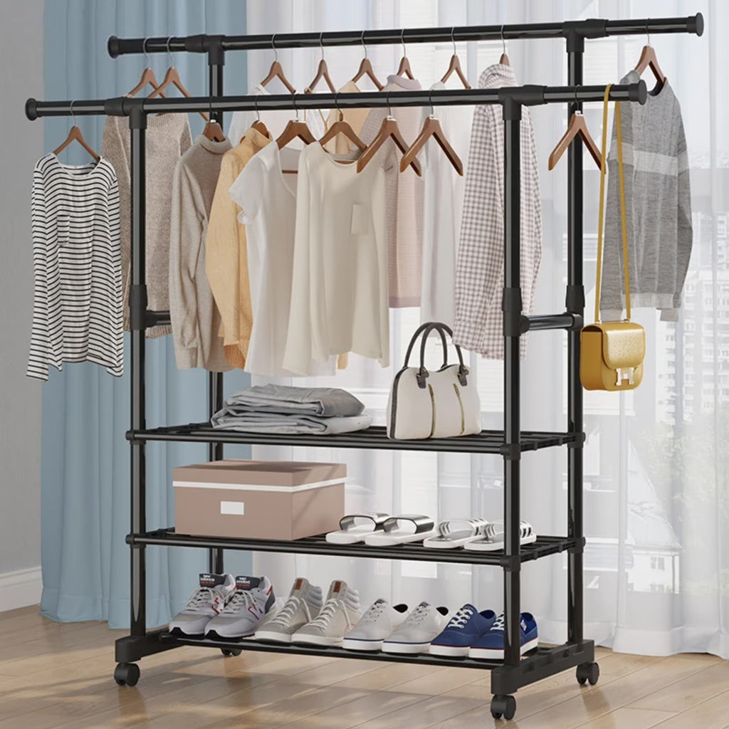 Black Rolling Garment Rack with Bottom Shelves O407
