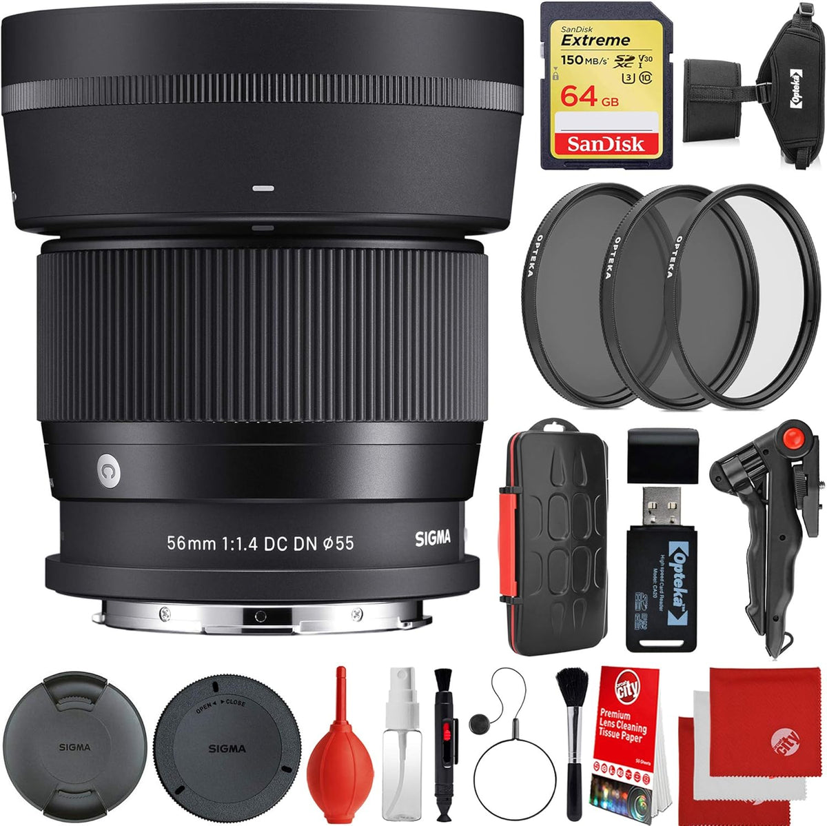 56mm f/1.4 DC DN Lens Leica L-Mount Bundle with 64GB Memory Card, 3 Piece Filter Kit, Wrist Strap, Card Reader, Tabletop Tripod T1039