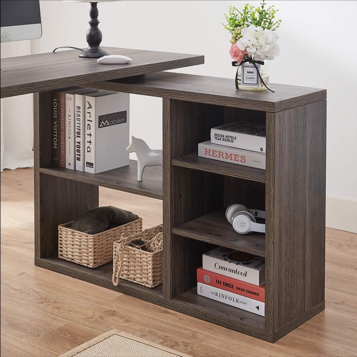Grey L Shaped Computer Desk with Cabinet Drawer Storage J87597