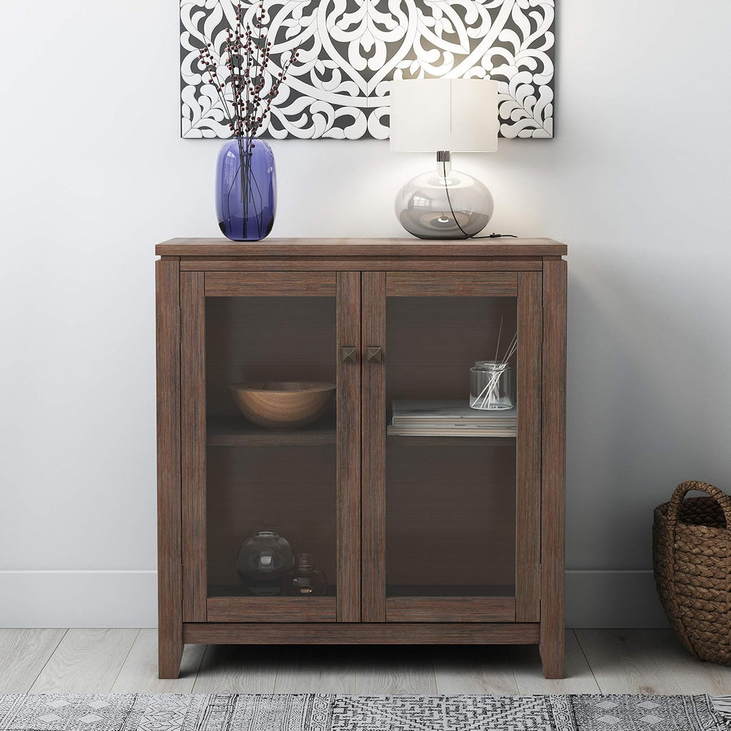 Farmhouse Grey 30 inch Low Storage Cabinet with 2 Tempered Glass Doors J921639
