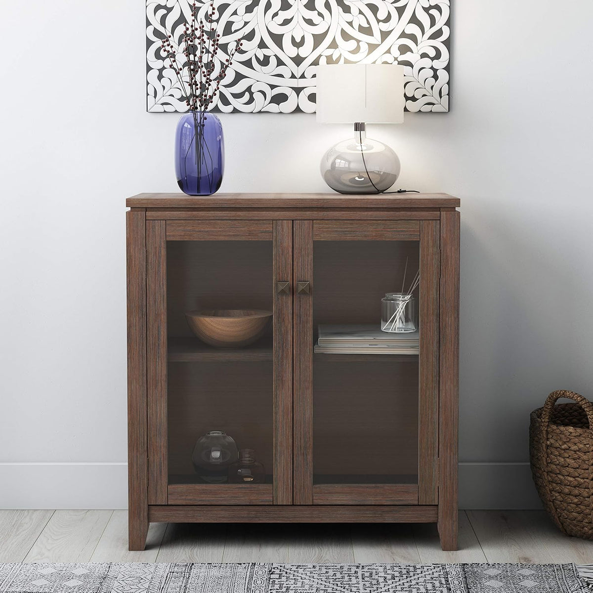 Farmhouse Grey 30 inch Low Storage Cabinet with 2 Tempered Glass Doors J921639