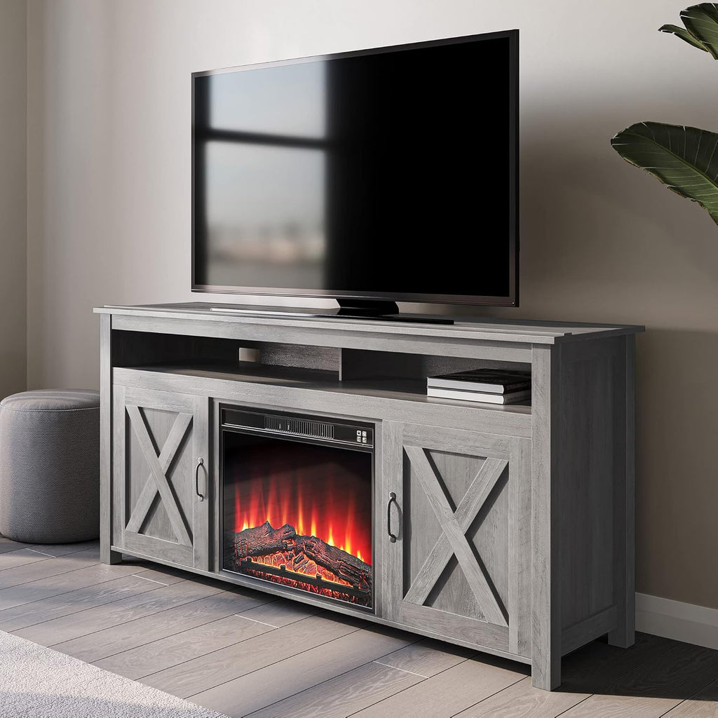 Barn Door Wood Electric Fireplace TV Stand with Two Open Shelves and Cabinets O71269