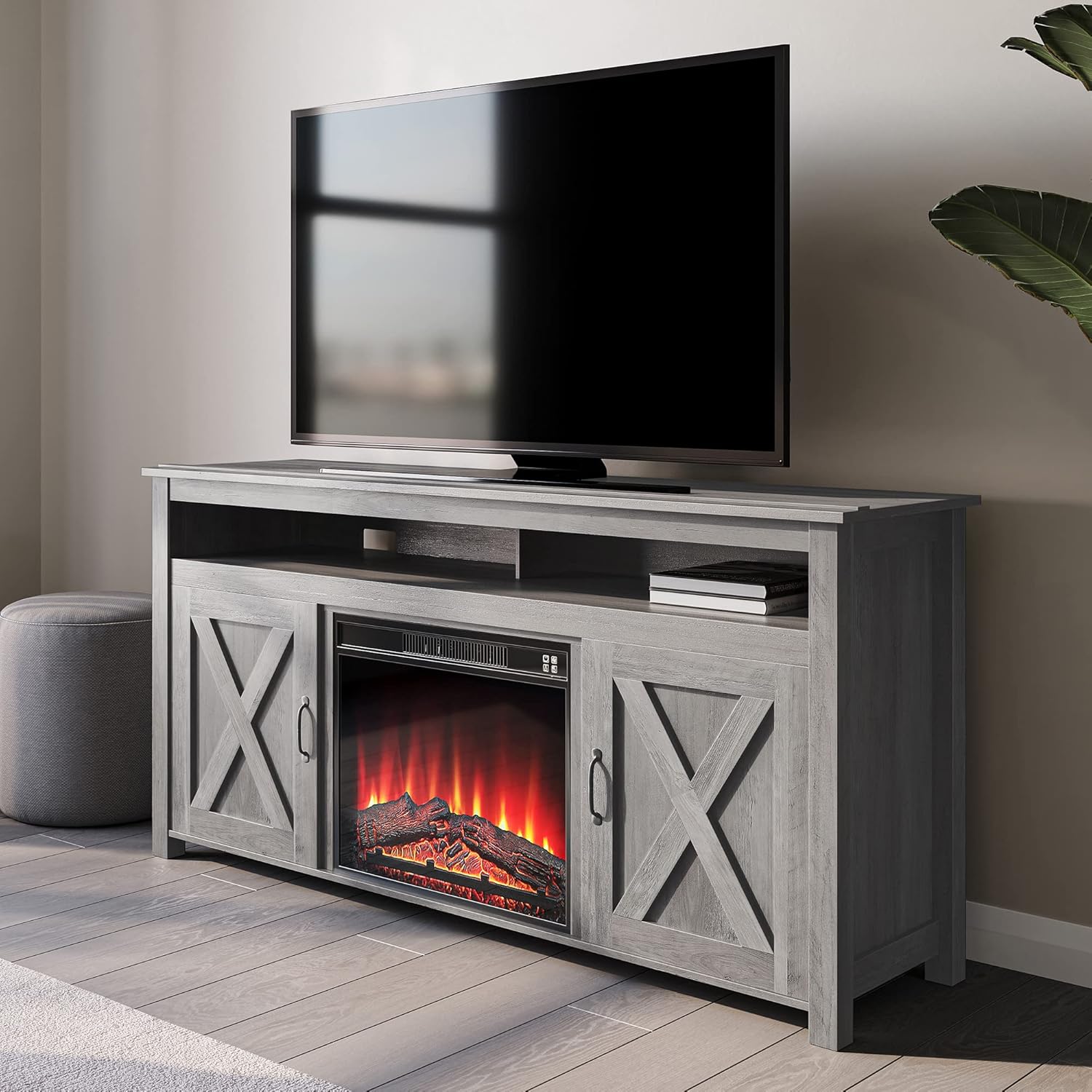 Barn Door Wood Electric Fireplace TV Stand with Two Open Shelves and Cabinets O71269
