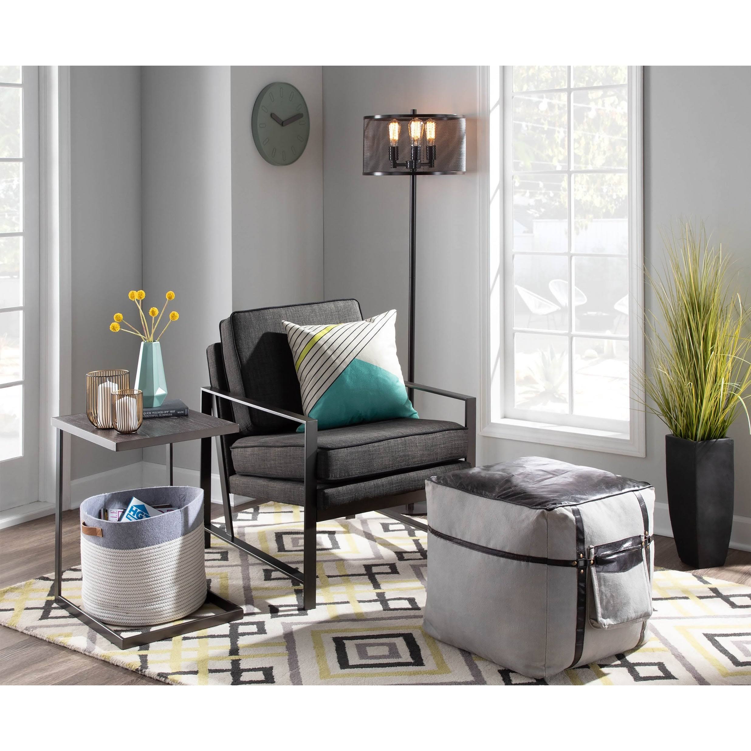 Black Leather Grey Canvas Pouf F8787