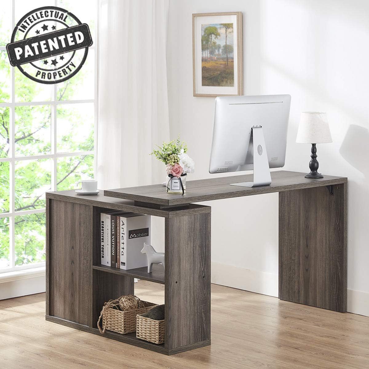 Grey L Shaped Computer Desk with Cabinet Drawer Storage J87597