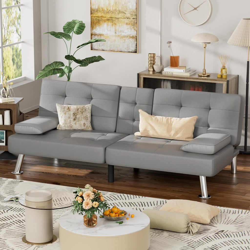 Grey Faux Leather Foldable Futon Sofa Bed with Removable Armrests Q809752