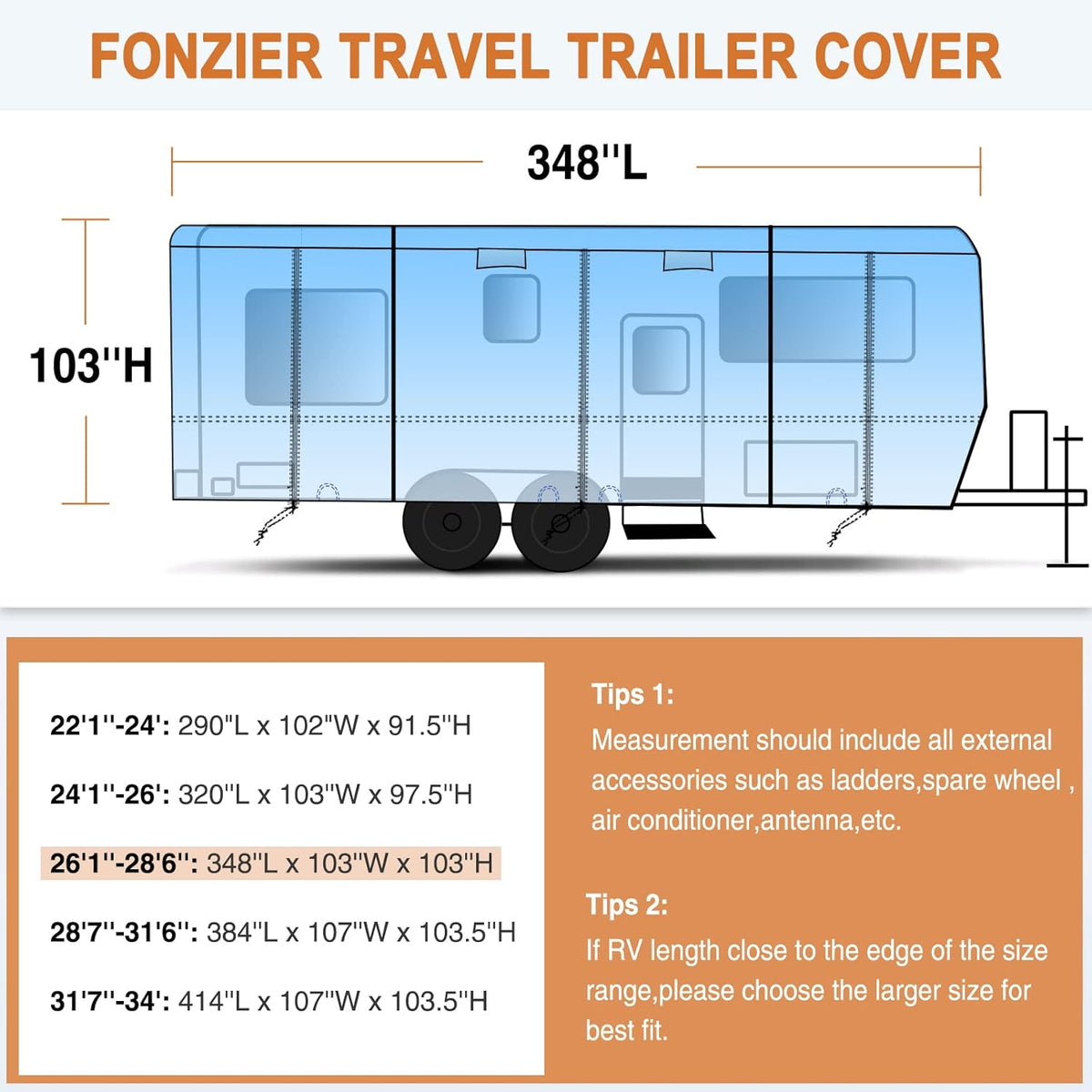 Heavy Duty 6 Layers Travel Trailer RV Cover Anti-UV Breathable Rip-Stop with 2Pcs Extra Straps & Gutter Spout Covers Q382389