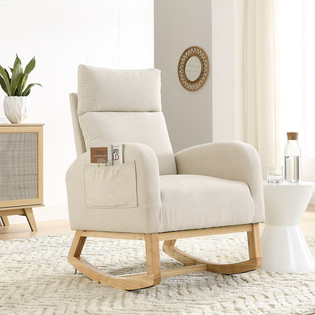 White Fabric Upholstered Rocking Chair with Solid Wood Base and 2 Side Pockets Z43711