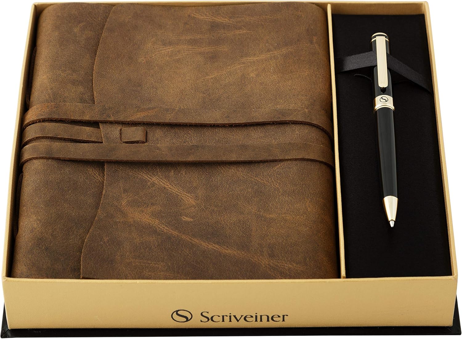 Black Lacquer & 24K Gold Pen, 8x6 Inch Handmade Genuine Leather Journal, Cotton Paper, Pack of 2 L512280
