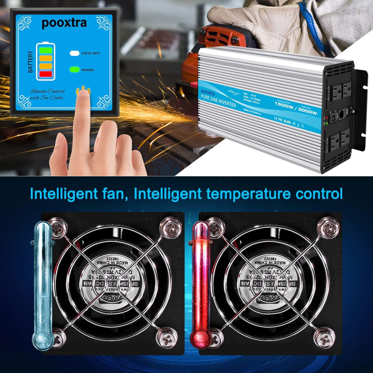 1500 Watt Pure Sine Wave Power Inverter DC 24V to 110V with 4 AC Outlets and 2.1A USB Ports Z7950