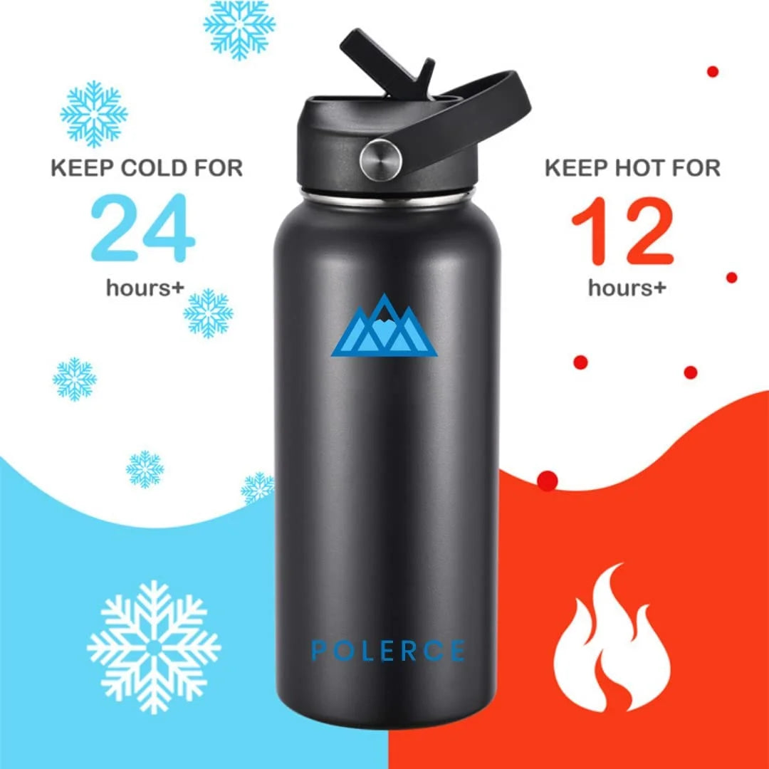 24 Oz Black Stainless Steel Vacuum Insulated Bottle with 3 Lids C523058