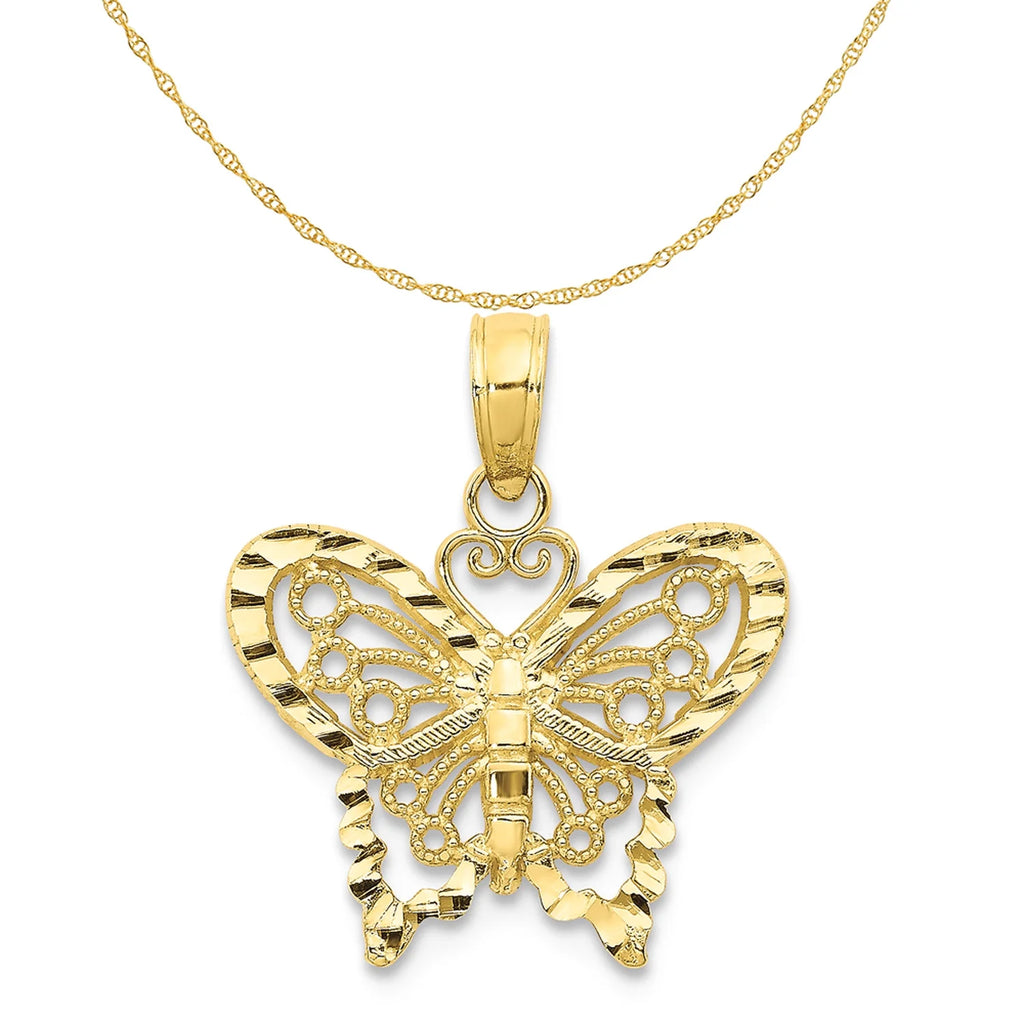 10K Yellow Gold Diamond-Cut Butterfly Pendant Charm with Rope Chain Necklace 18'' X69624