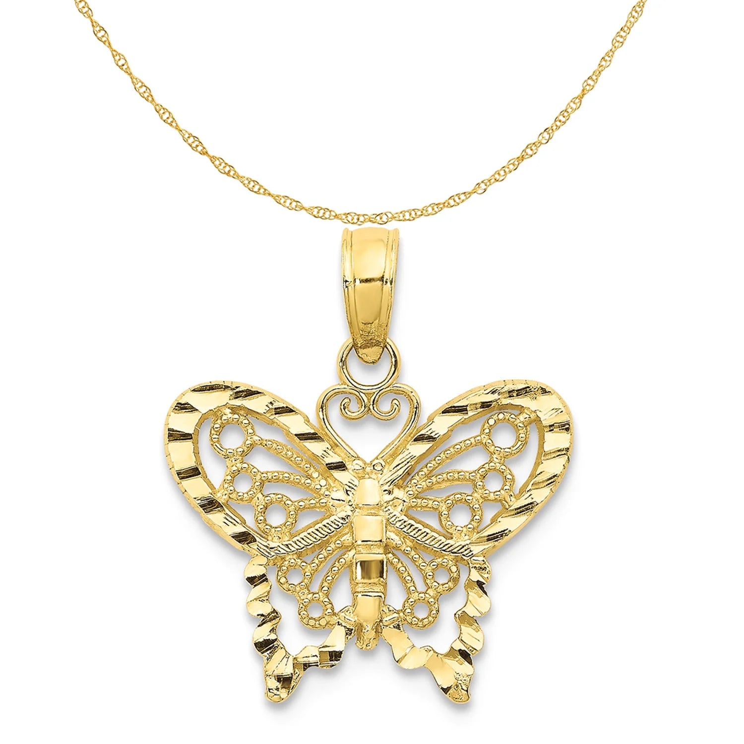 10K Yellow Gold Diamond-Cut Butterfly Pendant Charm with Rope Chain Necklace 18'' X69624