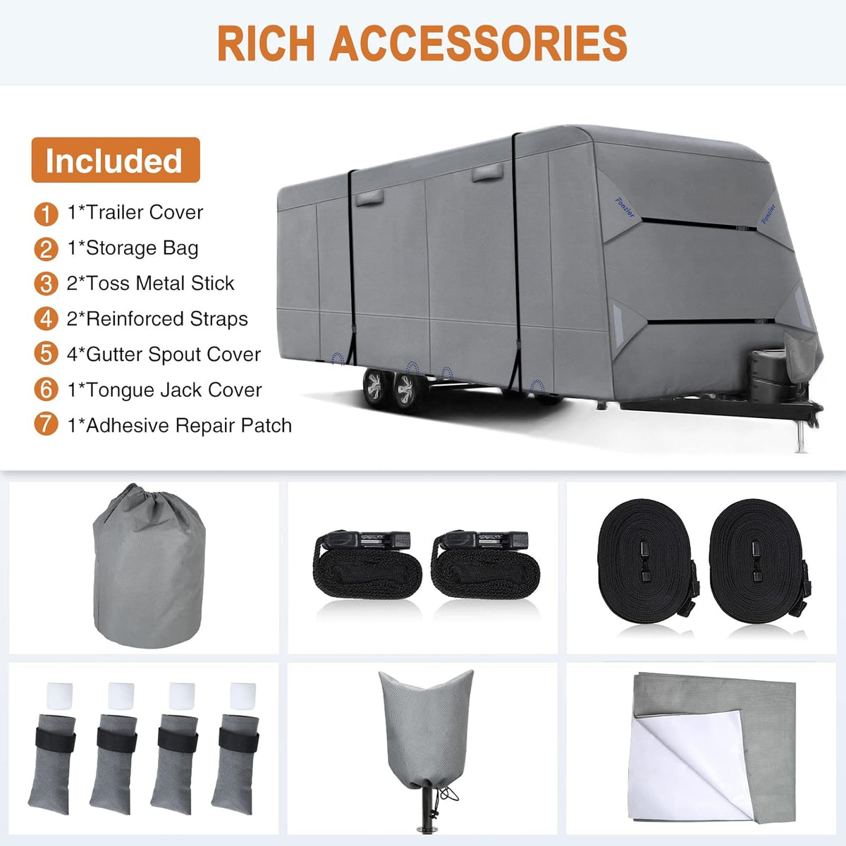 Heavy Duty 6 Layers Travel Trailer RV Cover Anti-UV Breathable Rip-Stop with 2Pcs Extra Straps & Gutter Spout Covers Q382389