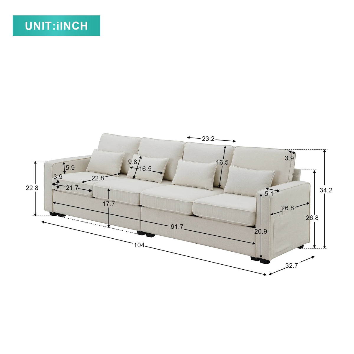 104" 4-Seater Linen Fabric Sofa with Armrest Pockets and 4 Pillows D617138
