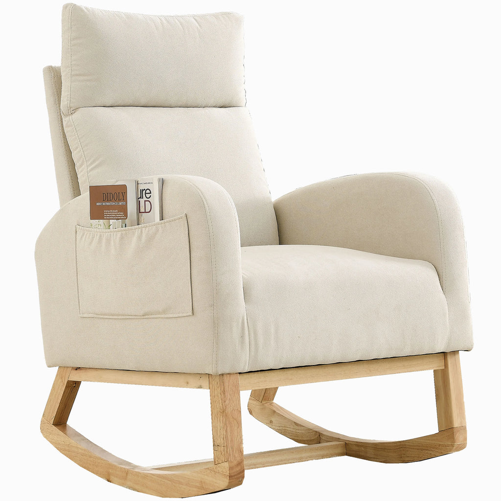 White Fabric Upholstered Rocking Chair with Solid Wood Base and 2 Side Pockets Z43711
