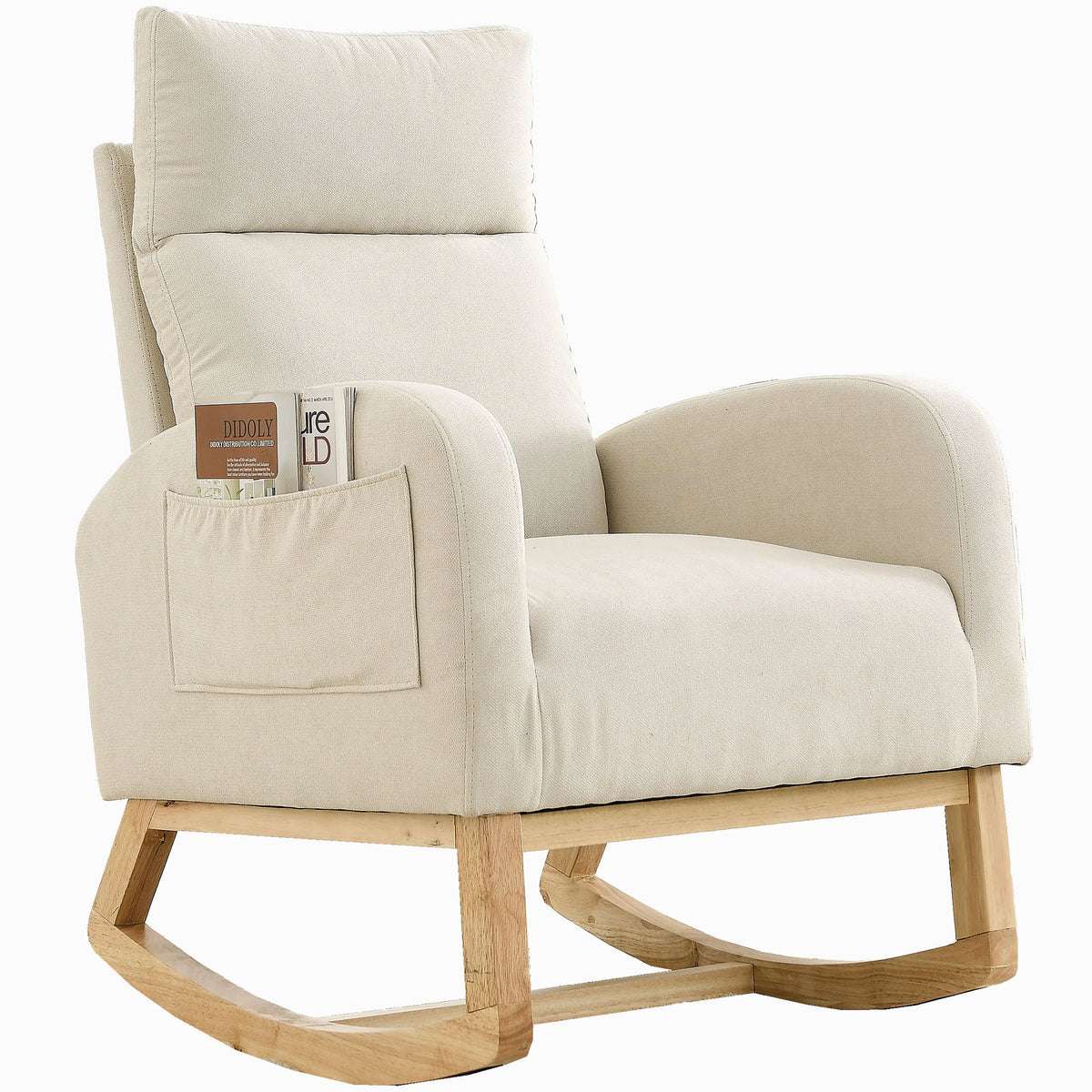 White Fabric Upholstered Rocking Chair with Solid Wood Base and 2 Side Pockets Z43711