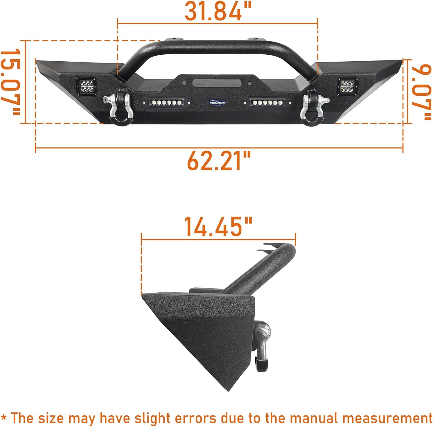 Front & Rear Bumpers Combo with Winch Plate & Spare Tire Carrier & LED Lights & D Rings N423