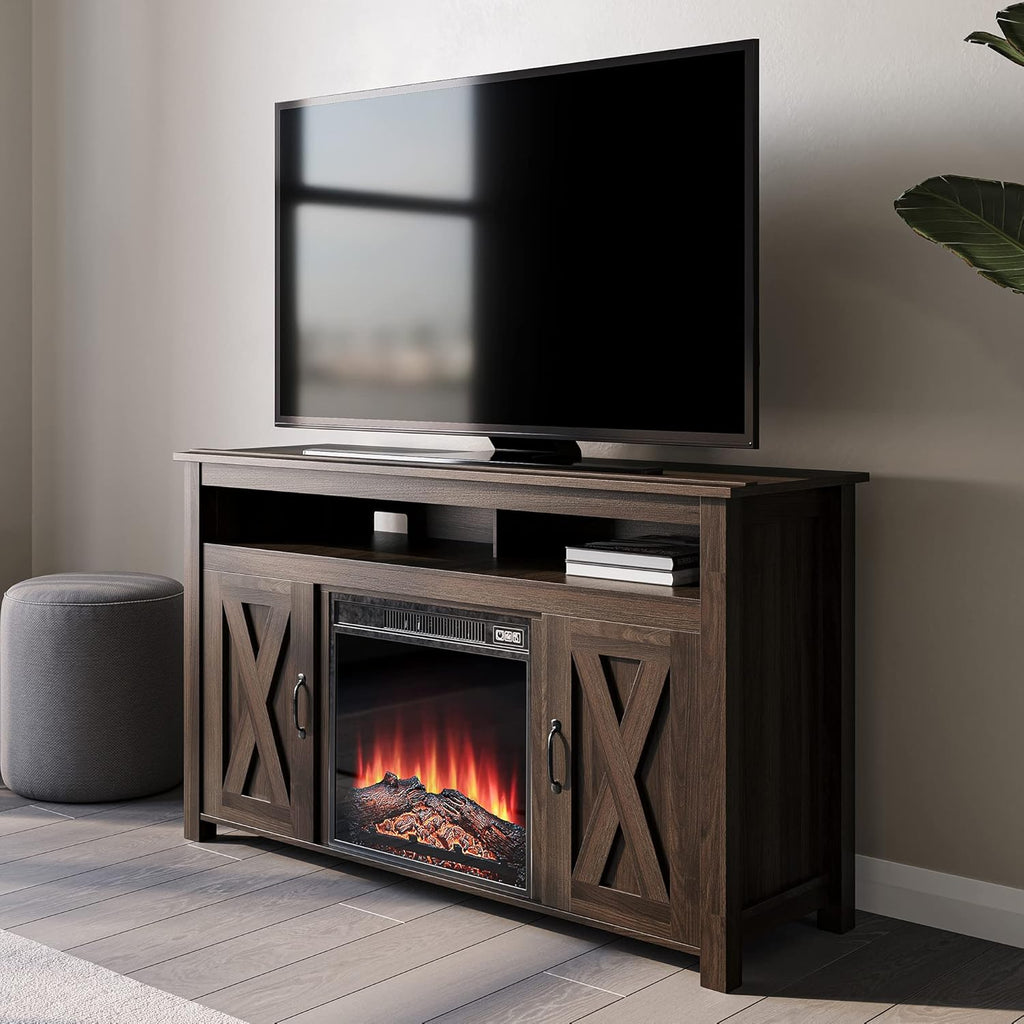 Barn Door Wood Electric Fireplace TV Stand with Two Open Shelves and Cabinets O71269