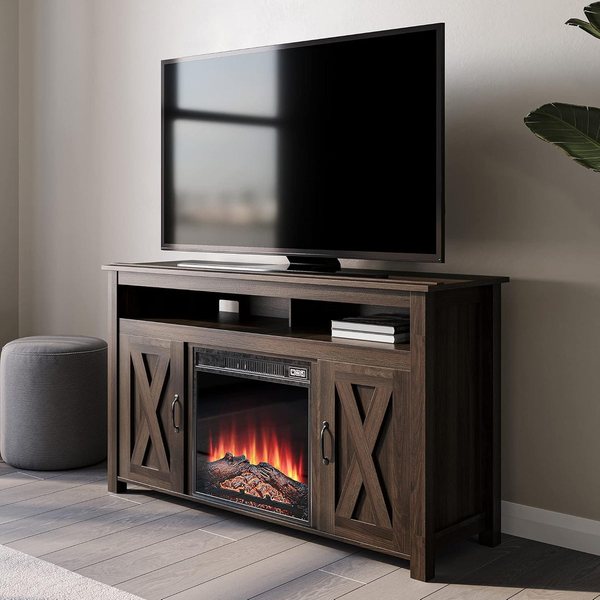 Barn Door Wood Electric Fireplace TV Stand with Two Open Shelves and Cabinets O71269