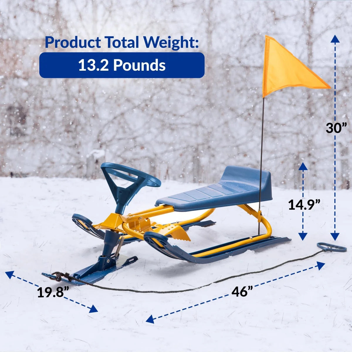 Snow Sled with Steering Wheel, Twin Brakes, Pull Rope & Safety Flag R478