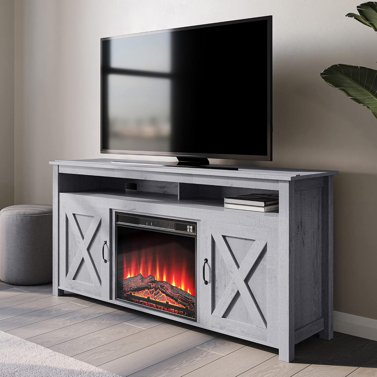 Barn Door Wood Electric Fireplace TV Stand with Two Open Shelves and Cabinets O71269