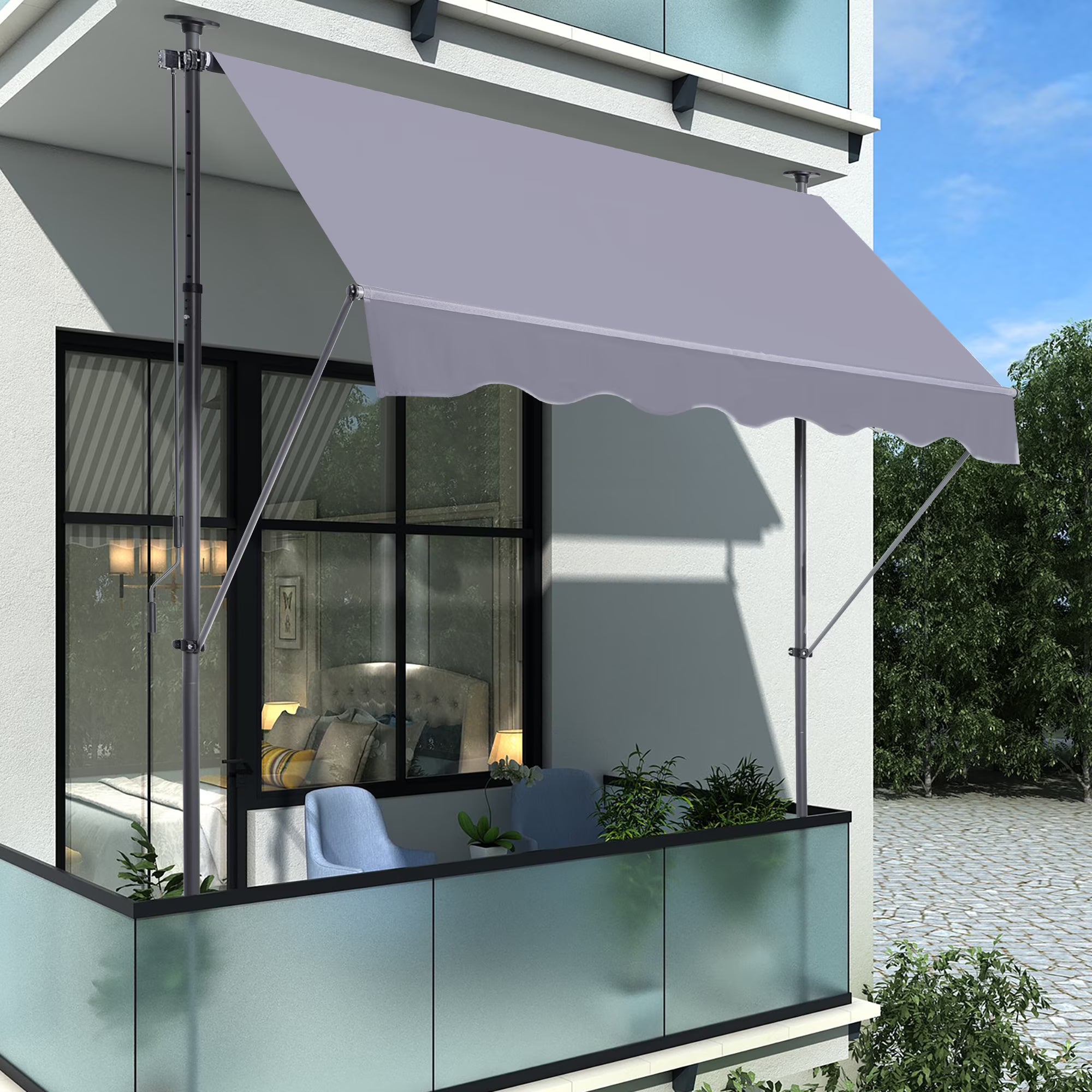 Manual Retractable Awning 118'' Outdoor Sun Shade Cover with UV Protection 100% Polyester Canopy N3845