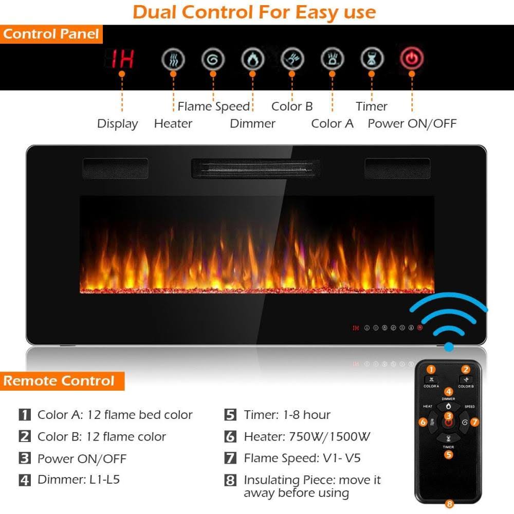 42x22 Black Recessed Wall Mounted Electric Fireplace B7266