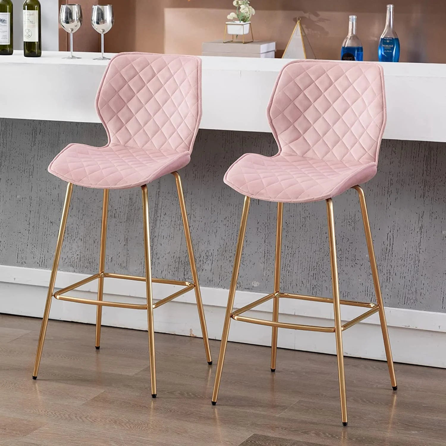 Velvet Bar Stool with Back Set of 2, Gold Metal Legs, Salmon Pink E8104