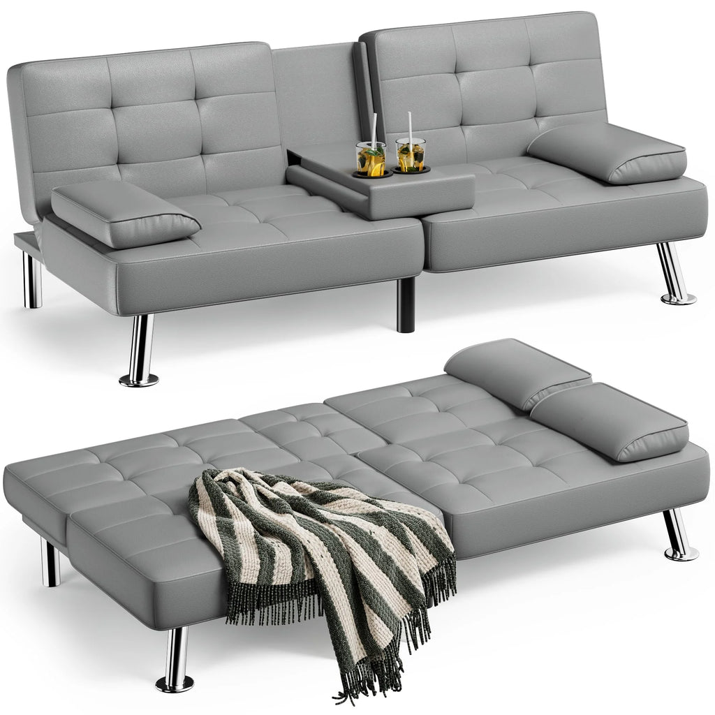 Grey Faux Leather Foldable Futon Sofa Bed with Removable Armrests Q809752