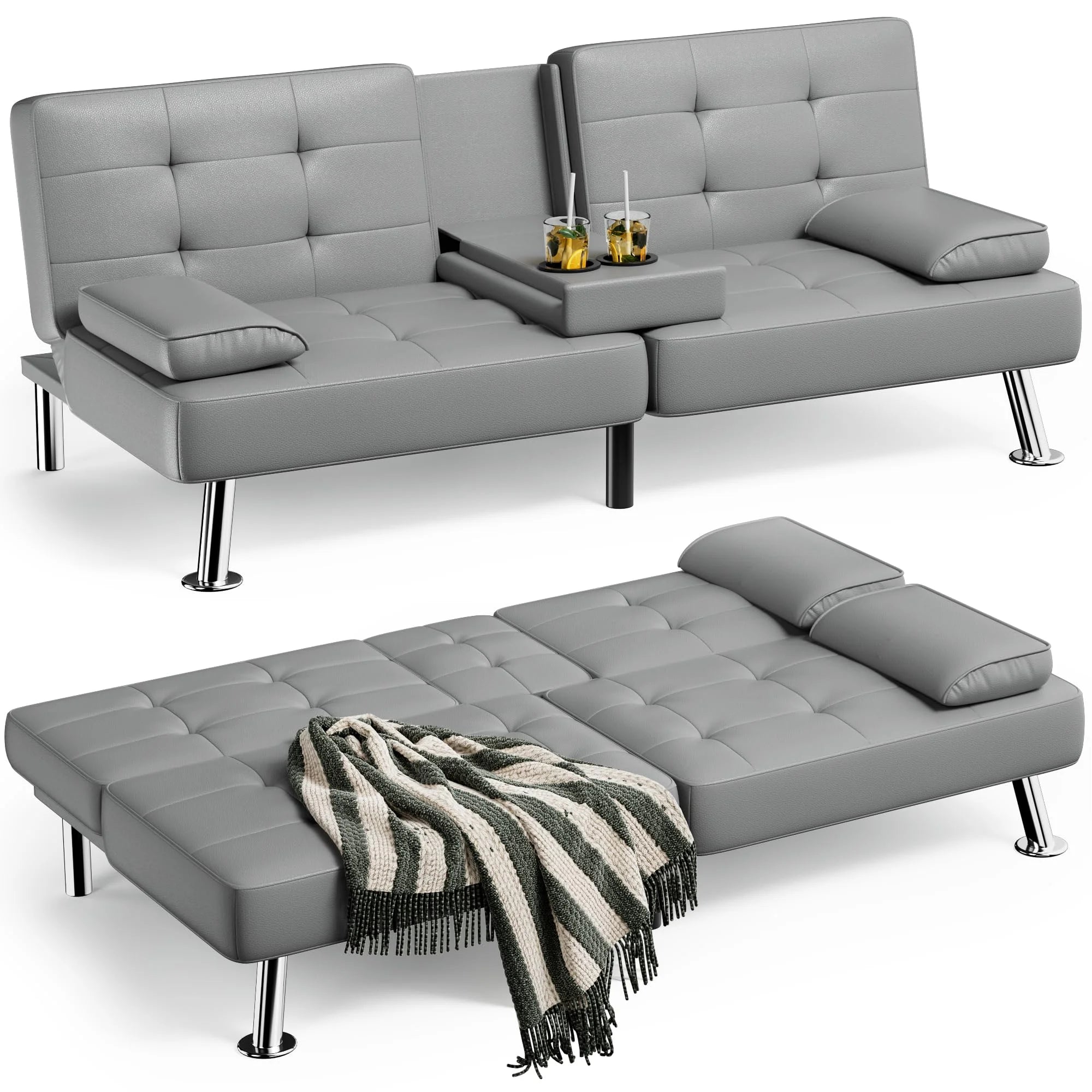 Grey Faux Leather Foldable Futon Sofa Bed with Removable Armrests Q809752