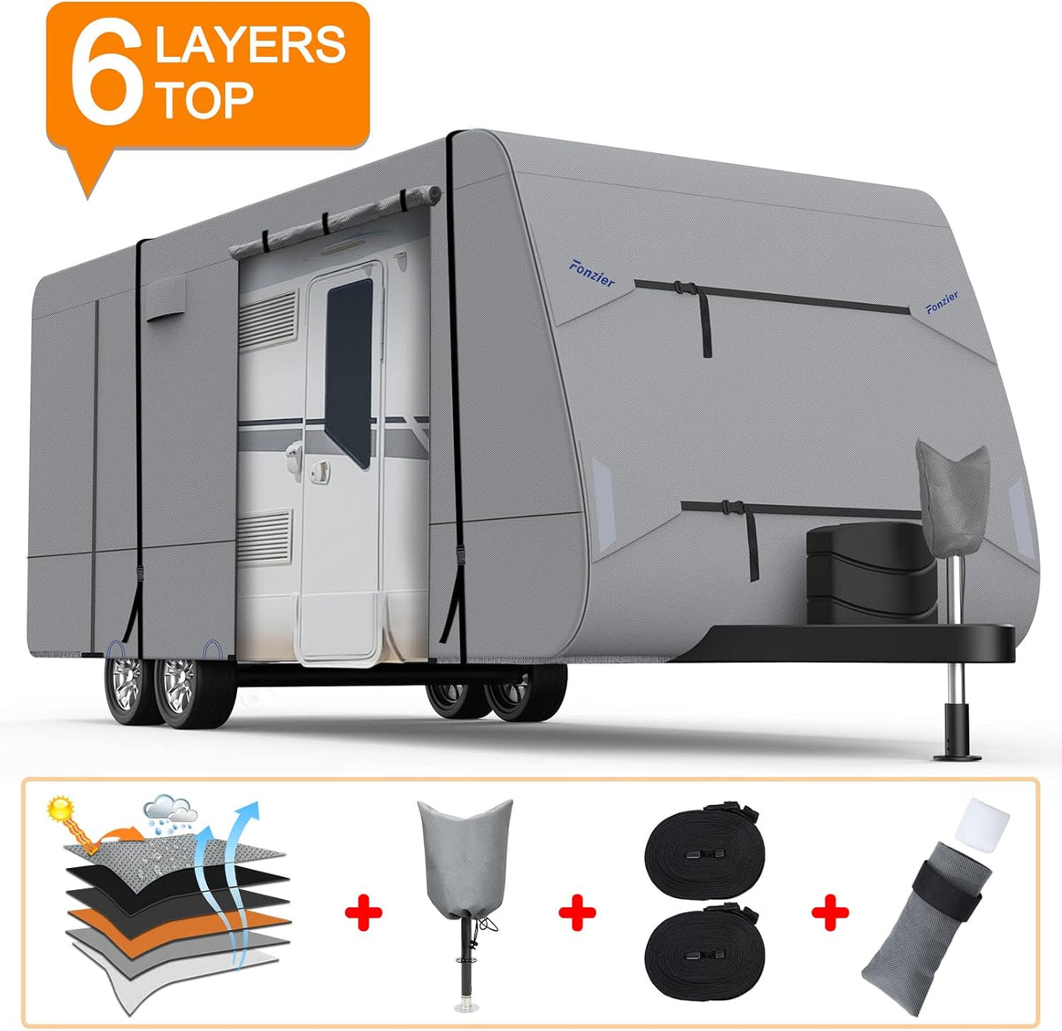 Heavy Duty 6 Layers Travel Trailer RV Cover Anti-UV Breathable Rip-Stop with 2Pcs Extra Straps & Gutter Spout Covers Q382389