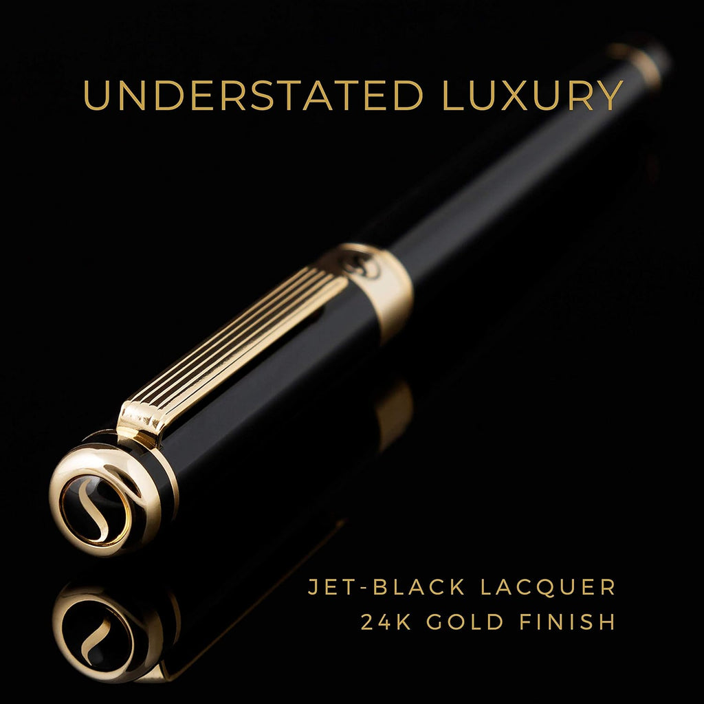 Black Lacquer & 24K Gold Pen, 8x6 Inch Handmade Genuine Leather Journal, Cotton Paper, Pack of 2 L512280
