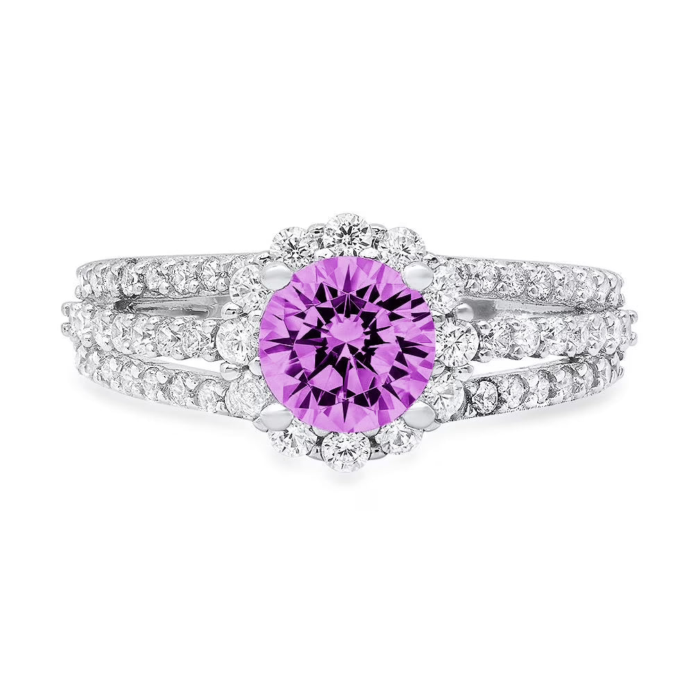 18k White Gold Halo Ring with Round Cut Simulated Alexandrite J380965