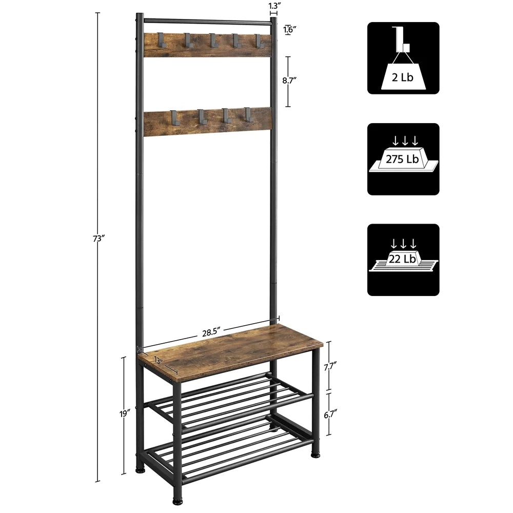 Rustic Brown Wooden Entryway Coat Rack with Shoe Storage Bench Q302130