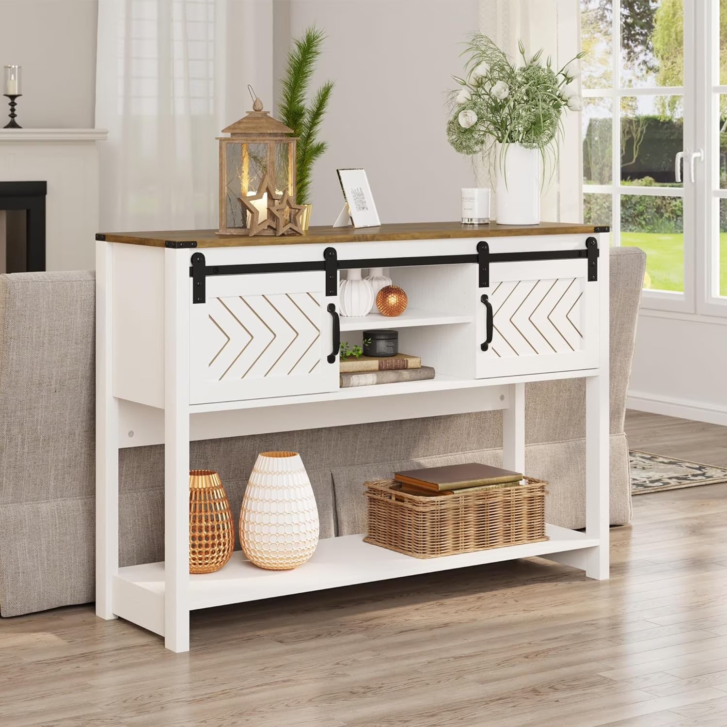 White-Brown Console Table with Sliding Barn Doors D563