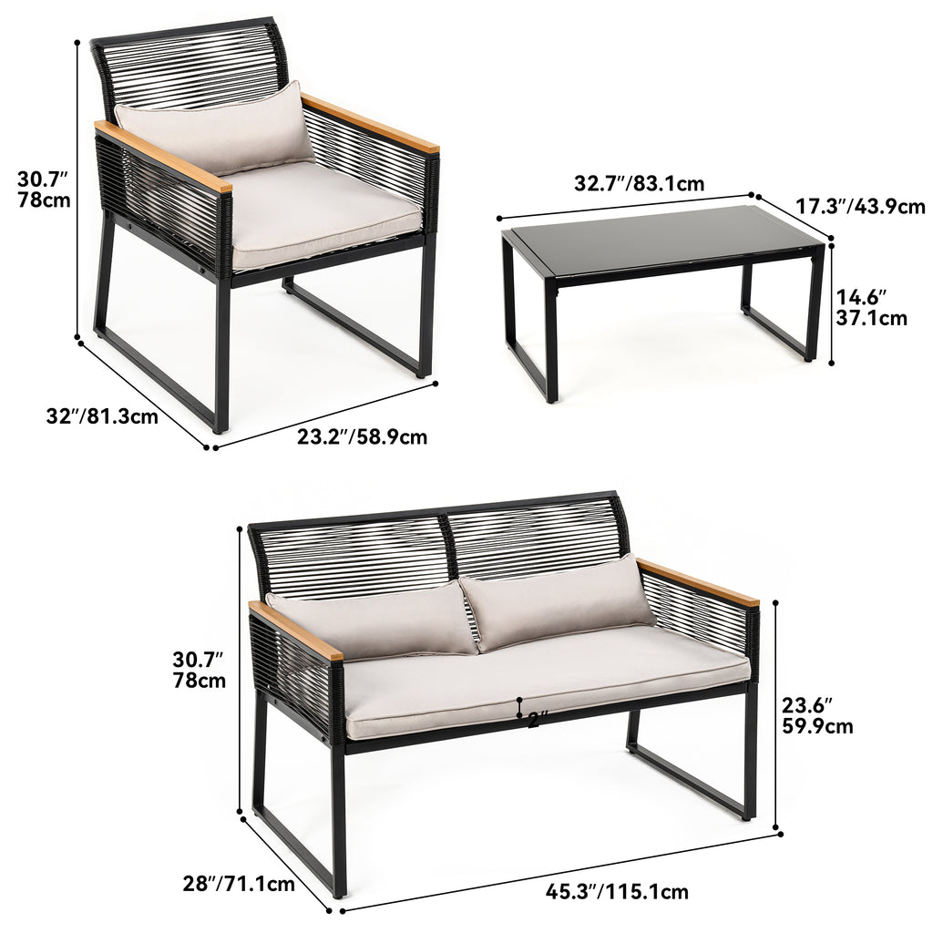 4-Piece Rattan Patio Bistro Set with Gray Cushions and Metal Coffee Table D39399