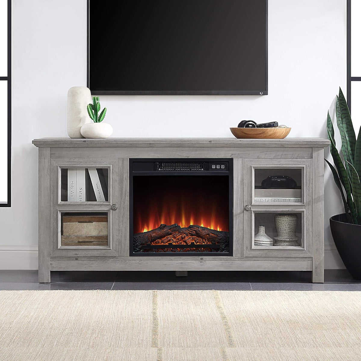 58 Inch Electric Fireplace TV Stand with Open Storage Shelves & Cabinets T144