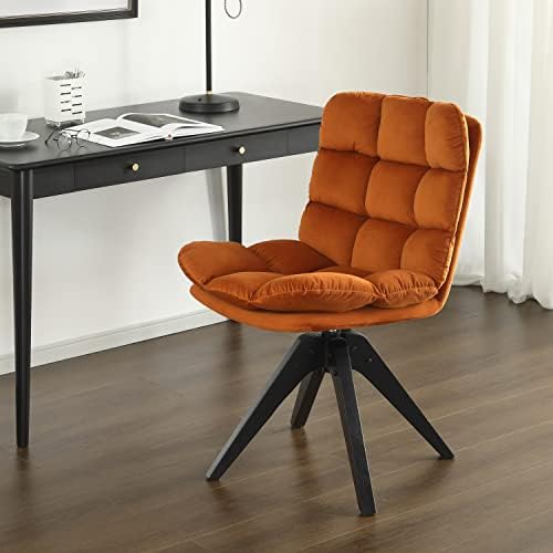 Brown Faux Leather Swivel Armless Desk Chair with Wood Legs F6554